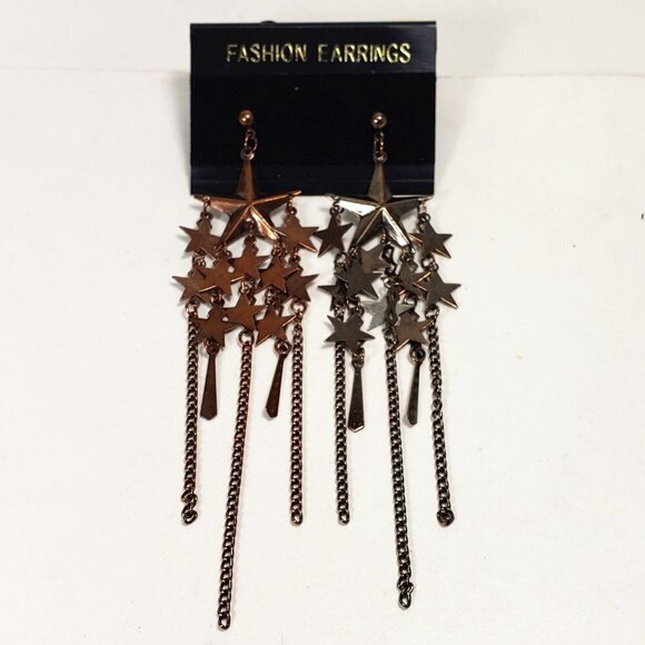 Women's Star Design Drop Stars & Chain Statement Post Drop Dangle Earrings - Picture 1 of 7